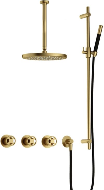 Hotbath Cobber - CW7067 - Inbouw Regendoucheset - Geborsteld Messing PVD - 2 Stopkranen - Thermostatisch - Plafondbuis 30 cm - Hoofddouche 300 mm - Ronde Handdouche - Glijstang 900 mm - met M106 - Waterbesparend