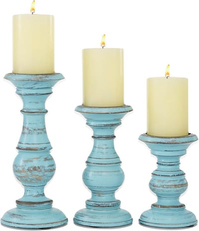 Set van 3 Houten Gedraaide Kandelaars Lichtblauw - 3 Verschillende Hoogtes