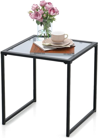 KOMFOTTEU Bijzettafel voor buiten met tafelblad van gehard glas, salontafel, metalen frame, draagvermogen 30 kg, zijtafel voor terras, balkon, woonkamer, 43 x 43 x 45 cm, zwart