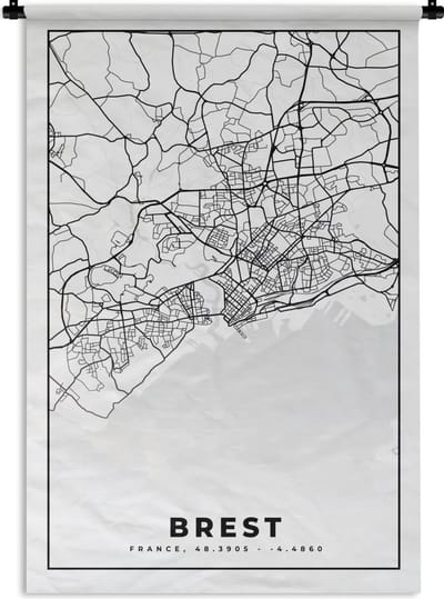 Wandkleed - Wanddoek - Stadskaart - Plattegrond - Kaart - Frankrijk - Brest - Zwart wit - 120x180 cm - Wandtapijt