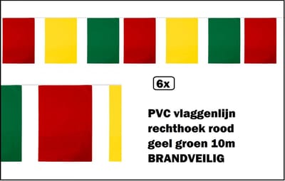 6x PVC Mega vlaggenlijn rechthoek rood geel groen 10m -BRANDVEILIG- Carnaval thema feest party fun optocht Festival