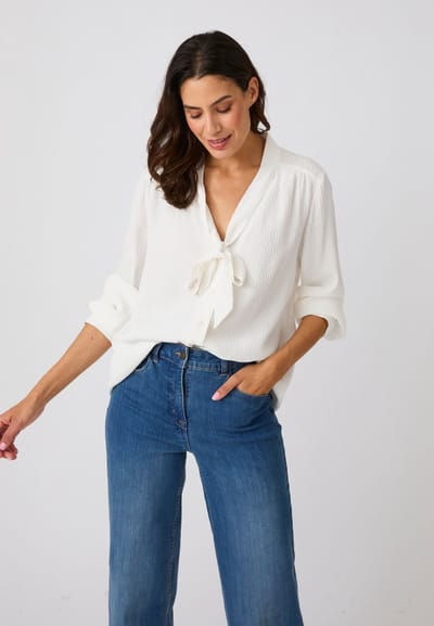 Damart - Jacquard blouse met strikband - Dames - Wit - 52