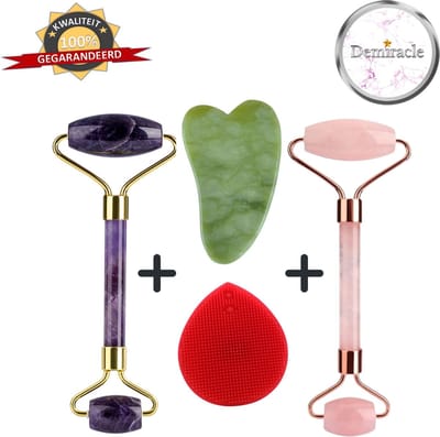 Demiracle Amethist en Rose Quartz Face Roller met Gua Sha Jade schraper en Rode Gezichtsreinigingsborstel – Gezichtsmassage – Massagetools – Massage - Ontspanning – Kwaliteit