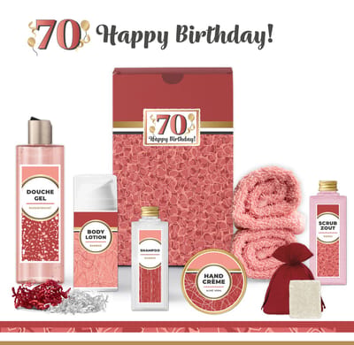 Geschenkset “70 Jaar Happy Birthday!” - 8 producten - 685 gram | Cadeau Vrouw - Giftset voor haar - Luxe wellness cadeaubox - Gefeliciteerd - Set Verjaardag - Geschenk jarige - Cadeaupakket moeder - Vriendin - Zus - Verjaardagscadeau - Rood