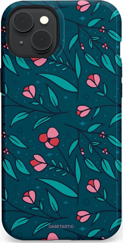 Casetastic hoesje geschikt voor Apple iPhone 15 Plus - MagSafe - Dubbellaagse bescherming - Blauwe Groene Bloemenpracht - Fashion Case - Petrol Donkergrijs