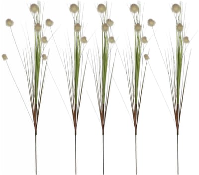Mica Decorations - 5x - Rietgras kunstplant losse steel - tak - groen/pluis bollen - wit - 84 cm
