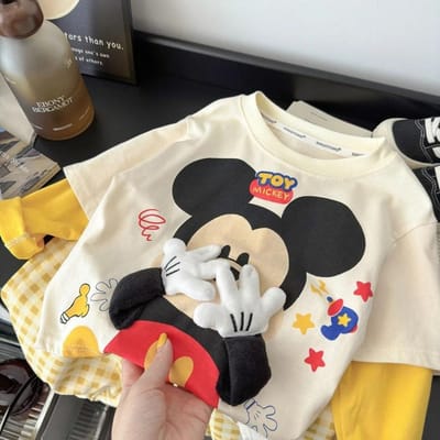Disney Schattig Kinder Nieuwe Mode Cartoon Driedimensionale Mick Pop Casual en Veelzijdig Katoenen T-shirt met Korte Mouwen Top 150 black