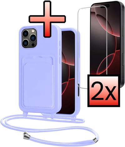 Hoes Geschikt voor iPhone 16 Pro Hoesje Pasjeshouder Cover Met Koord Case Siliconen Hoes Met Telefoonkoord en Kaarthouder Met 2x Screenprotector - Lila