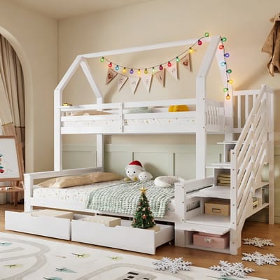 MODFU Kinderstapelbed 90x200/140x200 cm – Met lades op wielen & trapkast – Veiligheidshek – Dakontwerp – Wit