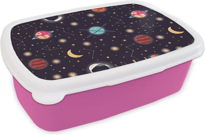 Broodtrommel Roze - Lunchbox - Brooddoos - Space - Zodiac - Sterren - Design - Heelal - 18x12x6 cm - Kinderen - Meisje
