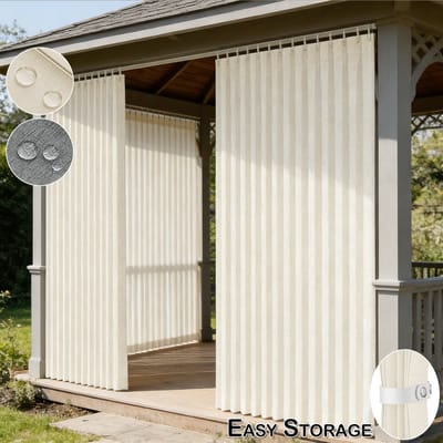 Qelus Extra Breed Linnenlook Buitengordijn Waterdicht 254x213cm - Vormvast Outdoor Gordijn met Permanente Plooi - Weerbestendige Room Divider voor Overkapping & Pergola - Beige