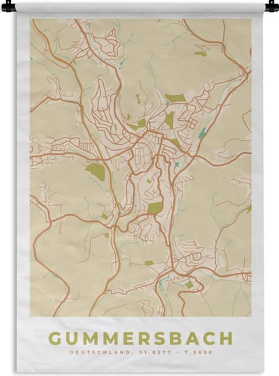 Wandkleed - Wanddoek - Kaart - Gummersbach - Stadskaart - Plattegrond - Vintage - 120x180 cm - Wandtapijt