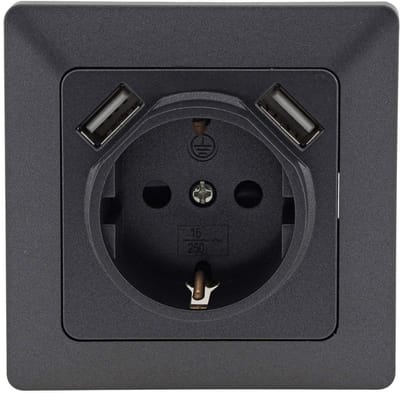 Stopcontact met 2x USB 1A in antraciet met frame