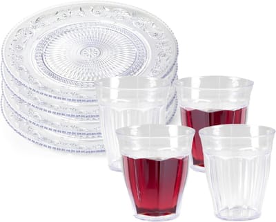 Plasticforte camping servies van kunststof - 4x dinerborden 25 cm en 4x drinkbekers 250 ml - transparant - onbreekbaar