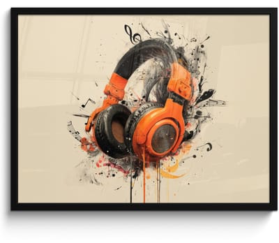 Poster in lijst - Fotolijst 80x60 cm - Posters - Koptelefoon - Oranje - Explosief - Posterlijst zwart - Decoratie - Wanddecoratie woonkamer - Muurdecoratie slaapkamer