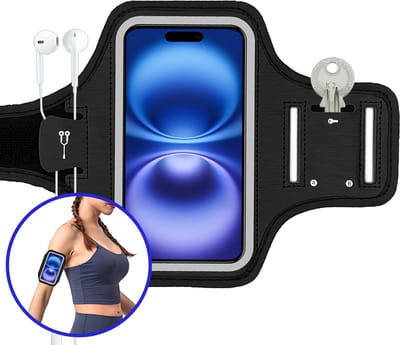 Hardloop Telefoonhouder t/m 6,5 Inch Met Oordopjes Clip Waterdicht - Hardloopband Telefoon Met Opbergvak Reflecterend Hardloop Armband - Zwart
