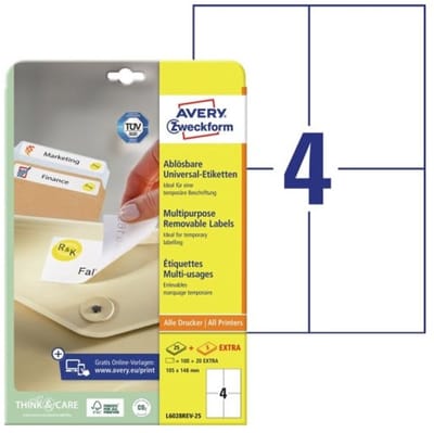 AVERY Zweckform universele etiketten, 105 x 148 mm, wit, 30 vel, verwijderbaar