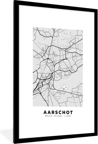 Fotolijst incl. Poster Zwart Wit- Kaart – Plattegrond – Stadskaart – Aarschot – België – Zwart Wit - 60x90 cm - Posterlijst