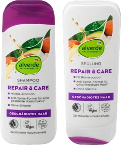 Alverde Naturkosmetik Combiverpakking - Shampoo & Conditioner Repair & Care | 2x 200 ml - Bio-Avocado & Sheabutter | Voor beschadigd haar - Siliconenvrij - Vegan Haarshampoo