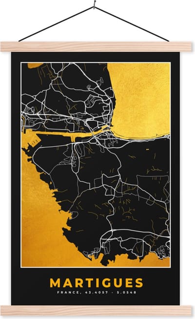 Posterhanger incl. Poster 40x60 cm - Schoolplaat - Kaart - Stadskaart - Plattegrond - Martigues - Frankrijk - Textielposter - Blanke latten - Stadskaart