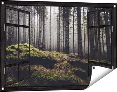 Gards Tuinposter Doorkijk Bos met Mos op Rotsen - 90x60 cm - Tuindoek - Tuindecoratie - Wanddecoratie buiten - Tuinschilderij