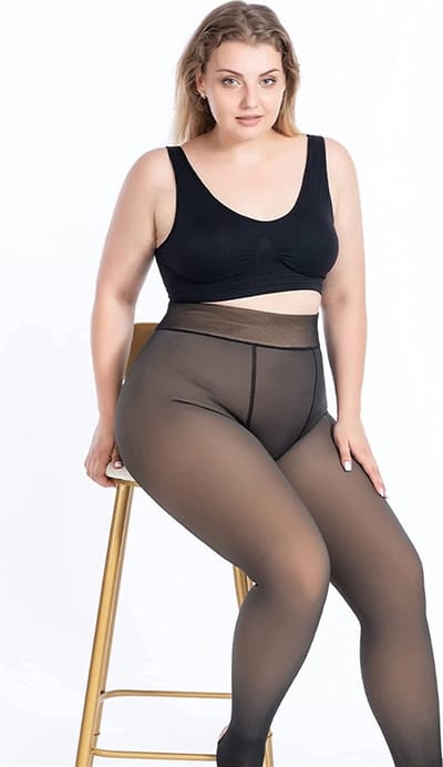 Fleece Panty - Plus Size Maat M/L/XL - Transparant Zwarte panty - Beige - Bekend van Tiktok