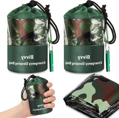 2-delige set voor overleving: slaapzak, noodbalaclava, reddingsdeken, tent, herbruikbaar, waterdicht, ultralicht, warmtewerend, kou bescherming voor outdoor kamperen en wandelen