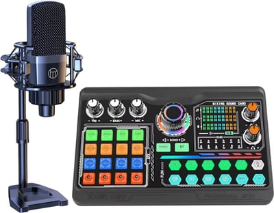 Professionele Podcast Microfoon Kit – SoundCard Kit geschikt voor PC, Laptop, Smartphone, Vloggen, YouTube, Live Streaming en Opnames