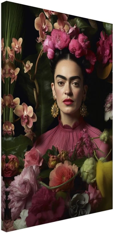 Canvas Schilderij - Frida Kahlo – Floral portrait 40x60 cm - Portretten Wanddecoratie Woonkamer & Slaapkamer