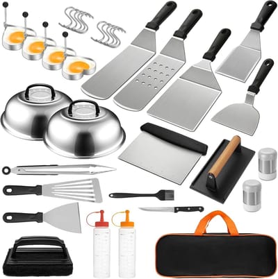 Thijox - 35-delige Grillspatelset Roestvrij Staal, Teppanyaki Grillschep, Smash Burgerset met Burgerbel en Plancha Accessoires voor Barbecue, Picknick