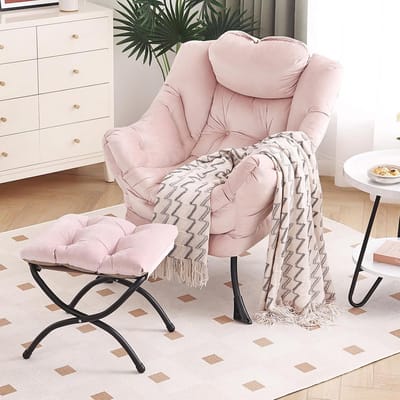 Comfortabele Luie Stoel met Voetenbank en Opvouwbare Kruk - Moderne Loungestoel in Roze