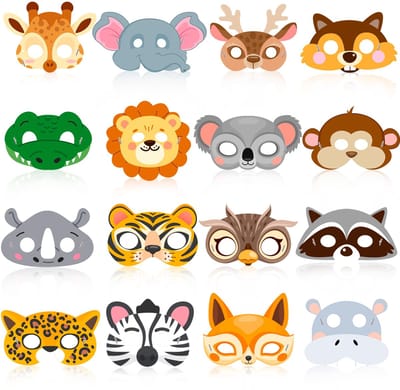 dierenmaskers, set van 16 dierenmaskers voor kinderfeestjes - Safari dierenmaskers voor kinderen, jungle safari feestmasker & safari dieren thema masker, voor jungle dieren feestdecoraties