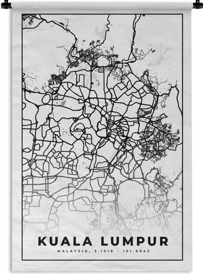 Wandkleed - Wanddoek - Kuala Lumpur - Kaart - Stadskaart - Plattegrond - Zwart Wit - 120x180 cm - Wandtapijt