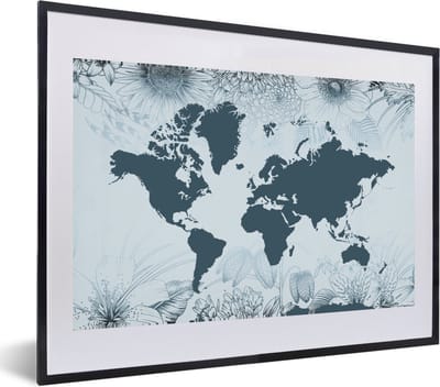Poster in lijst - Fotolijst 60x40 cm - Posters - Wereldkaart - Retro - Bloemen - Posterlijst zwart - Decoratie - Wanddecoratie woonkamer - Muurdecoratie slaapkamer