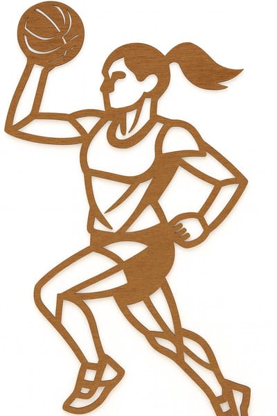 Handbal vrouw geometrische line-art wanddecoratie – sport wandbord – klein 25×15,0 cm – populierenhout palisander hout kleur