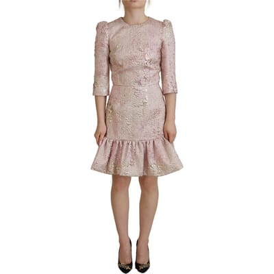 Dolce & Gabbana Roze Jacquard 3/4 Mouw Sheath Midi Damesjurk