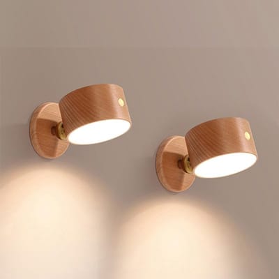 Daity Wandlamp op batterijen - bedlamp, houten magnetische wandlamp - dimbaar - 360° verstelbare hoek - oplaadbare - draadloze lamp voor foto's - slaapkamer - gang (beukenhout, 2 stuks)