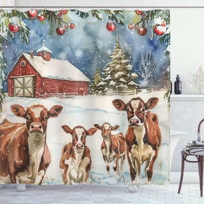 New Bed Kerstmis Vintage schuur in de winter met koeien Douchegordijn Badkamer Decor Set met Haakjes 180 cm B 200 cm L