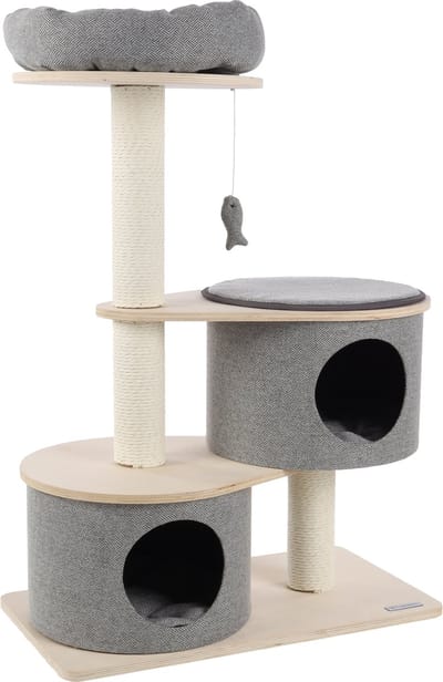 Krabpaal – Flamingo PREMIUM LINE Kanzo – 74x40x102 cm – luxe kattenkrabpaal met ligplateaus, mand & schuilplaatsen – kattenmeubel met papieren krabtouw & speeltje – stijlvolle kattenboom voor alle kattenrassen
