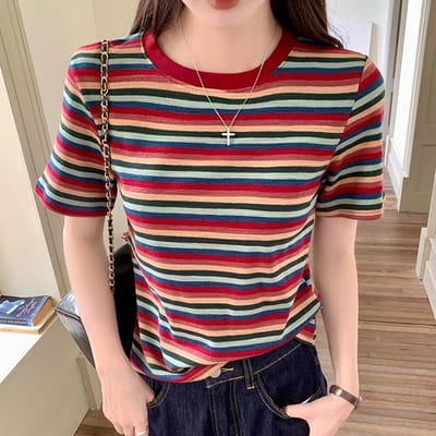 Kleurrijk T-shirt met ronde hals en strepen met korte mouwen voor dames in de zomer Nieuwe stijl Gas-shirt Slim fit top M