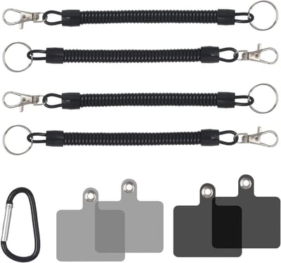 Set van 4 mobiele telefoondragers met karabijnhaak, 4 patches + 1 zwarte clip, anti-diefstal en valbeveiliging, perfect voor outdoor activiteiten zoals skiën, wandelen en fietsen