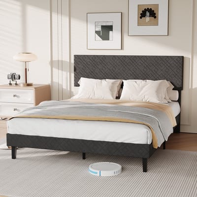 Bedframe 140x200 cm Tweepersoonsbed – Geometrisch Hoofdeinde – Linnen Grijs – Sterk en Duurzaam