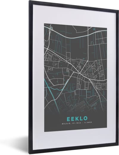 Fotolijst incl. Poster - België – Eeklo – Stadskaart – Kaart – Blauw – Plattegrond - 40x60 cm - Posterlijst