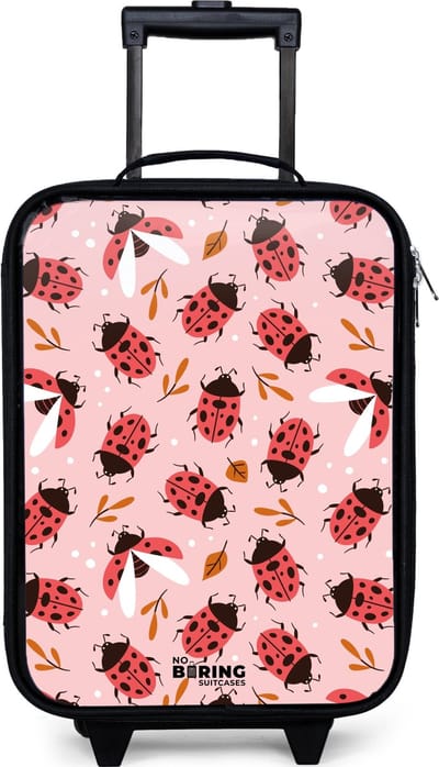 NoBoringSuitcases.com® - Kinderkoffer jongen - Kindertrolley meisje - Rode lieveheersbeestjes op roze achtergrond - Koffer kind lichtgewicht - Reiskoffer trolley voor kinderen - Koffertje met lichtgevende wieltjes - Rolkoffer zwart