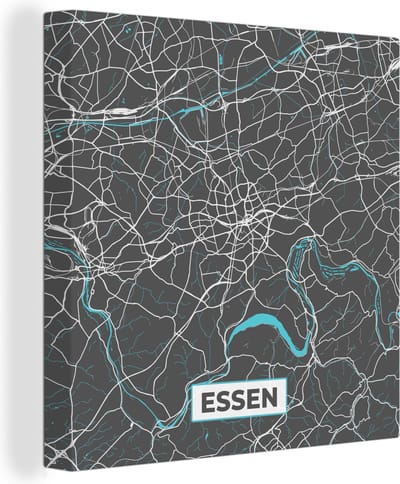 Canvas Schilderij Plattegrond – Essen – Blauw – Stadskaart – Kaart - Duitsland - 20x20 cm - Wanddecoratie