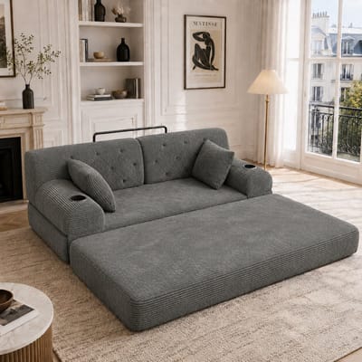 Tweezits Slaapbank, 2-Zitsbank, Gemaakt Van Geperst Corduroy Met Hoge Rugleuning, Metalen Frame, Schuimvulling Met Hoge Dichtheid, 2 Bekerhouders En 4 Zijvakken, Geschikt Voor Woonkamers En Kleine Ruimtes-Donkergrijs