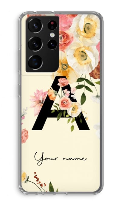 Gepersonaliseerd - Case Company® - Hoesje geschikt voor Samsung Galaxy S21 Ultra hoesje - Flirty Flowers Monogram - Soft Cover Telefoonhoesje - Bescherming aan alle Kanten en Schermrand