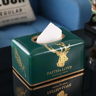 Rustieke Blauwe Keramische Tissuebox Handbeschilderd Gouden Accent Duurzaam Displaystuk Elegante Tafelblad Dispenser Ambachtelijk Decoratie-item