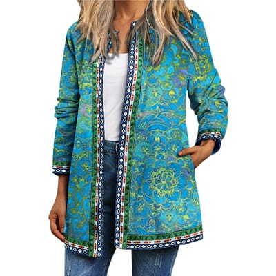Vintage Dames Print Cardigan Lange Mouw Zak Losse Casual Jas Jas Buitenkleding 5X-Large groen