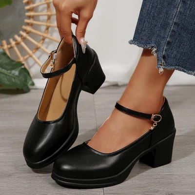 Dames Witte Pumps met Dikke Hak Ronde Neus Enkelbandje Mary Jane Schoenen voor Dames Elegant Hoge Hakken Kantoor Schoenen Plus Maat 42